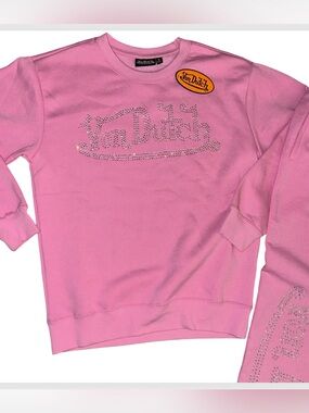 VON DUTCH BLING PINK FLEECE PULLOVER SWEATSHIRT W/ CLEAR RHINESTONE LOGO NWT